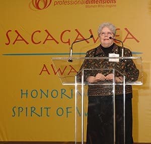 School Sister of St. Francis Kathleen O’Brien receives the Sacagawea Award on Wednesday, March 13, at the Pfister Hotel, Milwaukee, from Professional Dimensions, a Milwaukee business networking organization. Sr. Kathleen, senior vice president for academic affairs at Alverno College, Milwaukee, and, Tina Chang, chairman and CEO of SysLogic, were honored for their trailblazing efforts as Milwaukee businesswomen. (Submitted photo courtesy Alverno College)