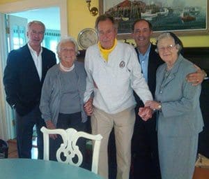 Franciscan Sr. Camille Kliebhan reunites with her longtime friends Barbara and George Bush during a “magical day” arranged by another friend, Joe Sweeney. Sweeney, a local businessman, arranged for Sr. Camille to visit her friend, Barbara Bush in Maine recently. Pictured with the Bushes and Sr. Camille are Chris Doerr, co-owner of Sterling Aviation and Joe Sweeney. (Submitted photo courtesy Joe Sweeney)