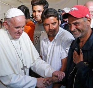 Pope Francis meets refugees at the Moria refugee camp on the island of Lesbos, Greece, April 16, 2016. (CNS photo/Paul Haring)